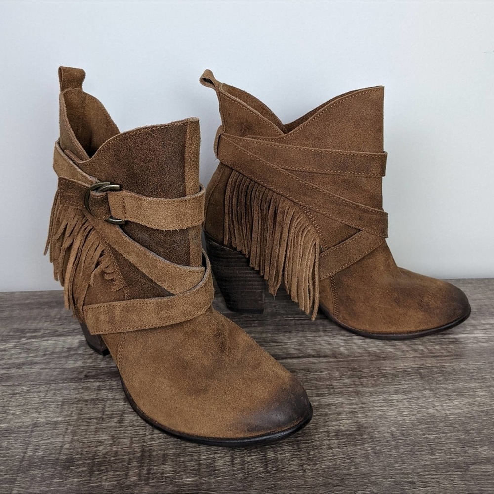 Naughty Monkey Wild Wink Tan Suede Fringe Ankle Boots 8.5